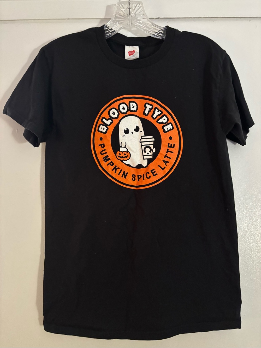 Black Halloween Pumpkin Spice Latte Graphic Tee Small Blood Type